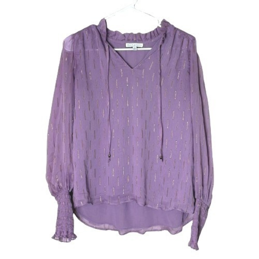 Maison d'Amelie Tie Neck Blouse Smocked Sleeves Lavender Purple Gold Size Small